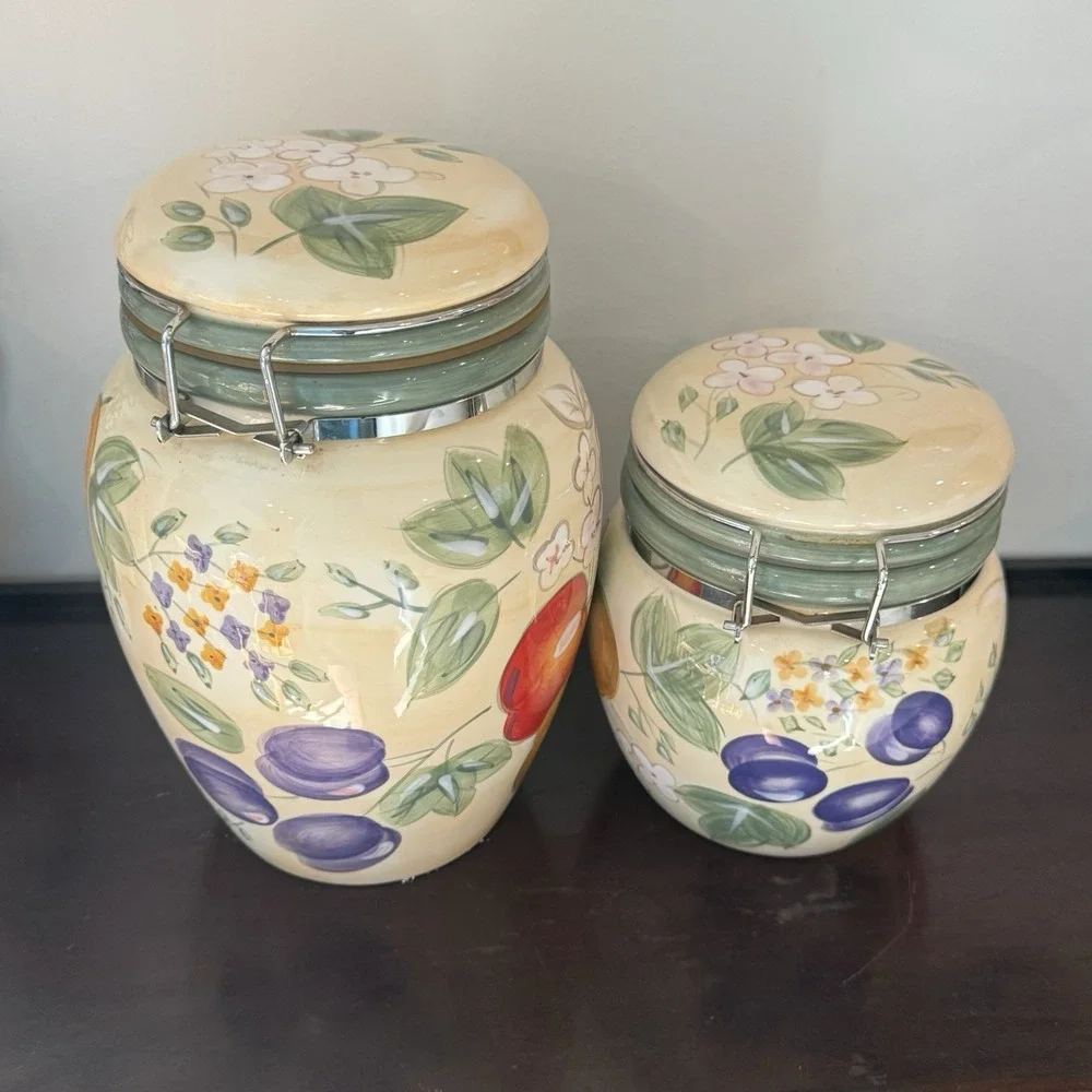 Vintage Gibson Designs Fruit Grove Ceramic Canister Set 2 Floral Fruit Cottage